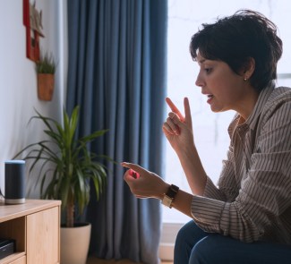 Mujer interactuando con la televisión
